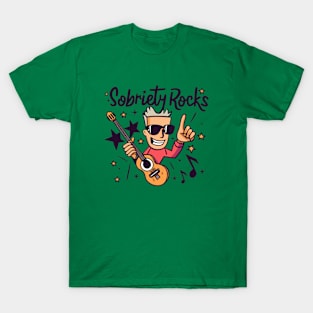 Sobriety Rocks Cartoon Rocker With Guitar T-Shirt